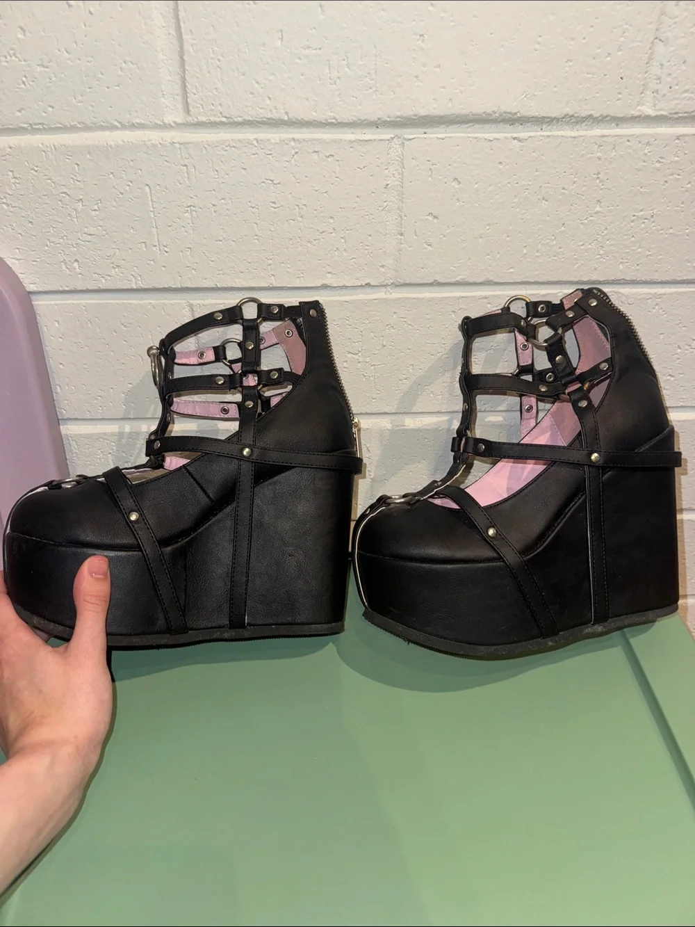 black platform demonias with pink interior